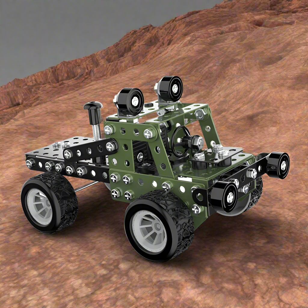 Green and black metal off-road vehicle model with an open frame and silver wheels