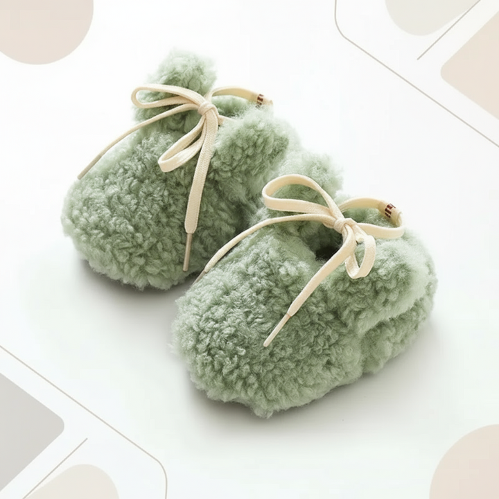 Green plush baby shoes with cream bow-tied laces