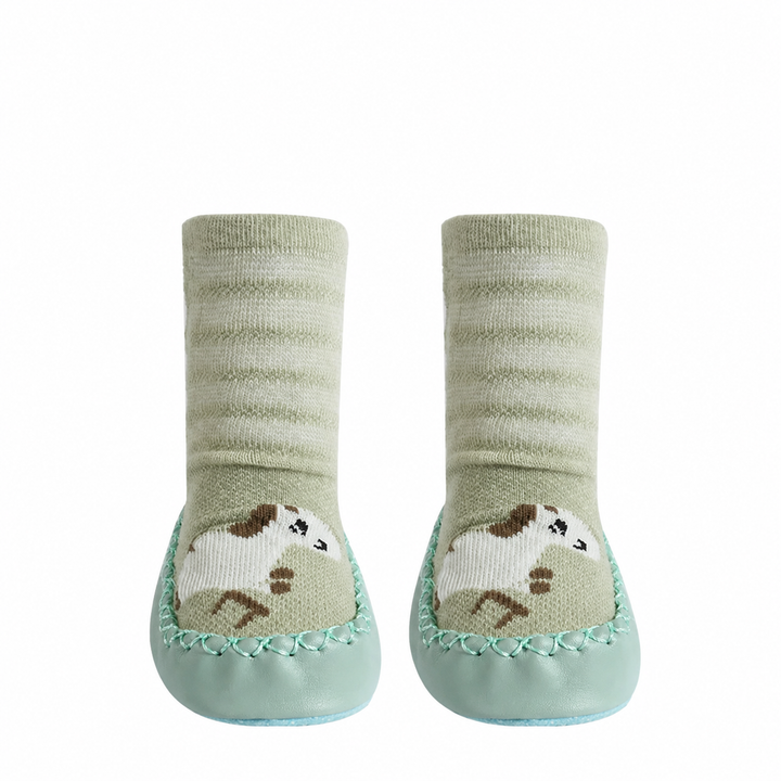 Green striped sock shoes with pony faces, shown as a pair