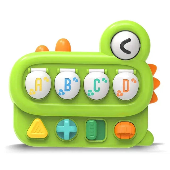 Green pop-up toy with A, B, C, and D lids closed above four colorful controls