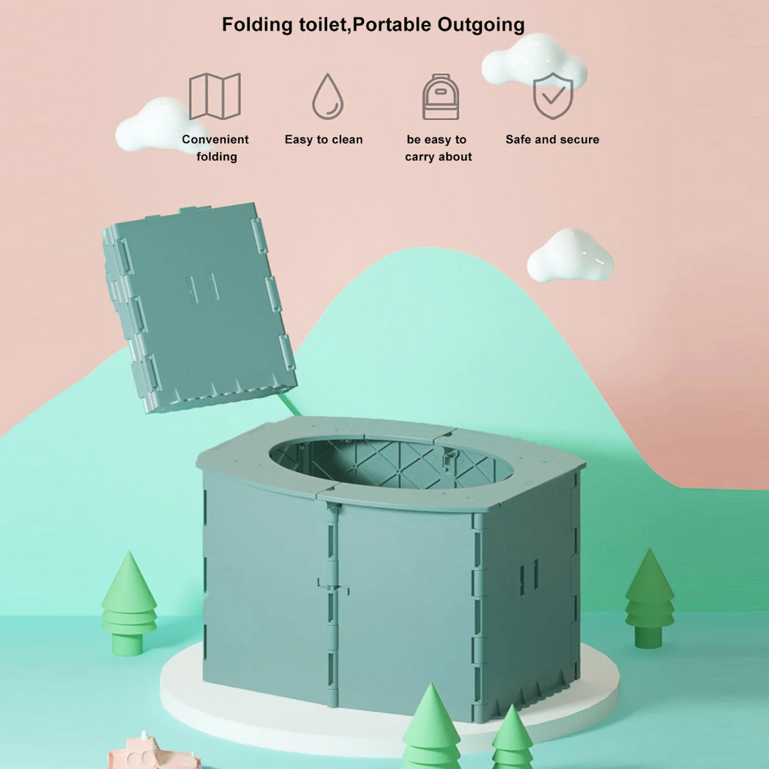 Green portable potty shown upright and folded flat