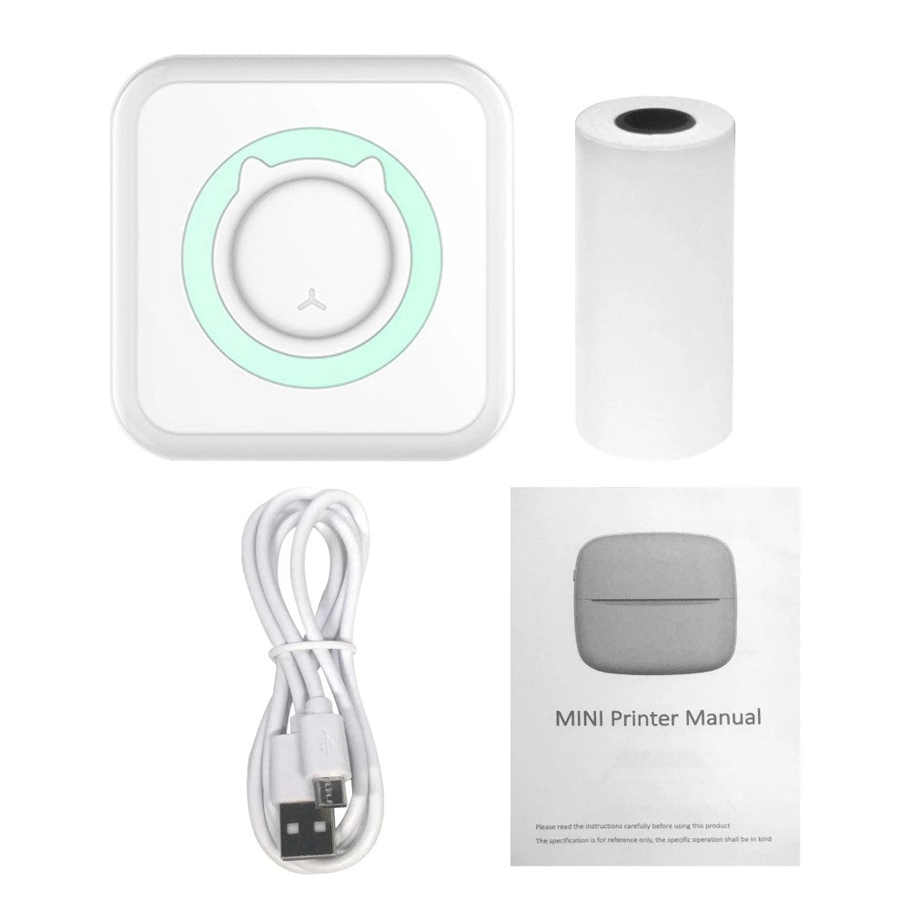 Green-accented printer with one paper roll, USB cable and user manual