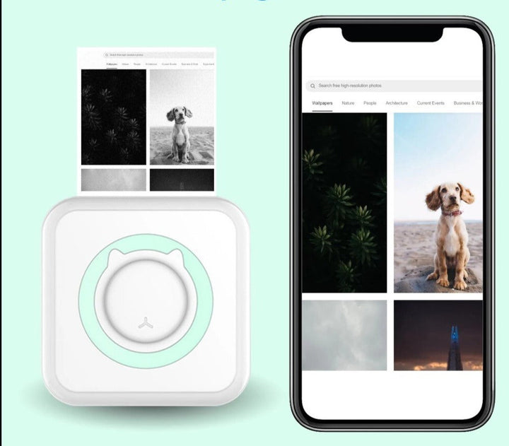 Green-accented photo printer beside a smartphone gallery and a black-and-white print