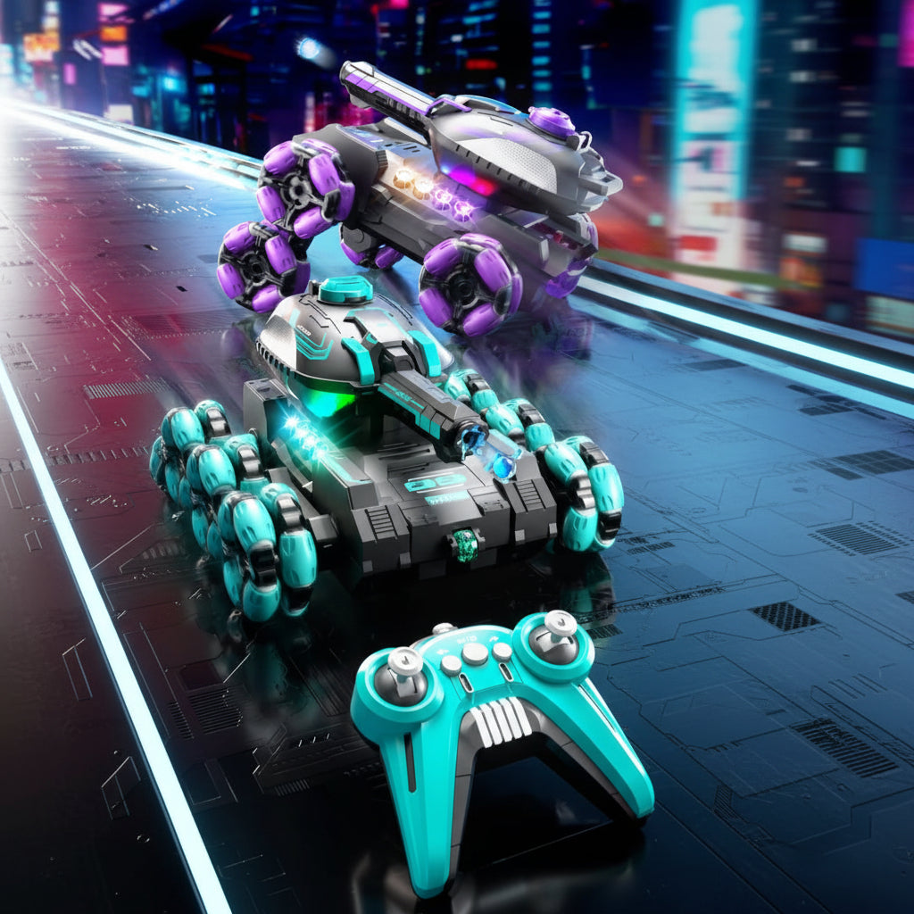 Green and purple six-wheel RC tank trucks with a matching green handheld remote