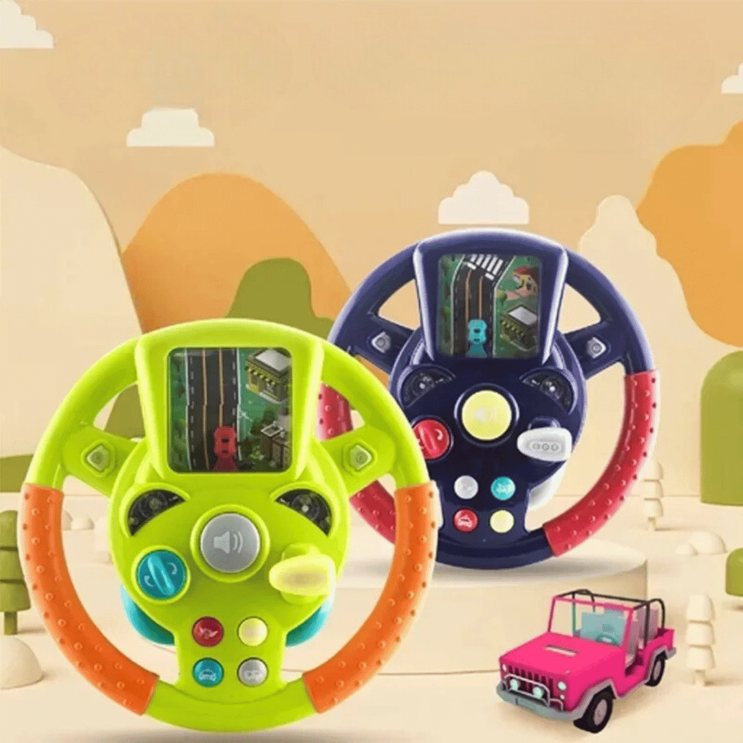 Green and purple toy steering wheels with road scenes and colorful dashboard-style controls