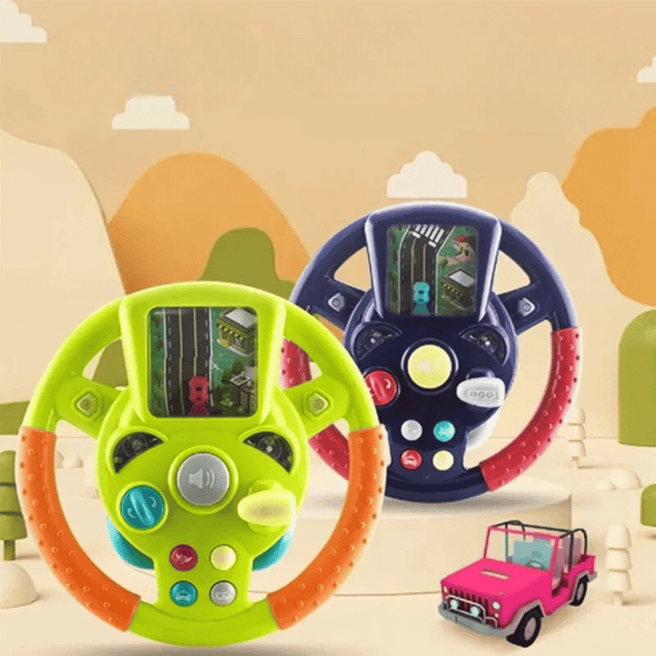 Green and purple toy steering wheels with road scenes and colorful dashboard-style controls