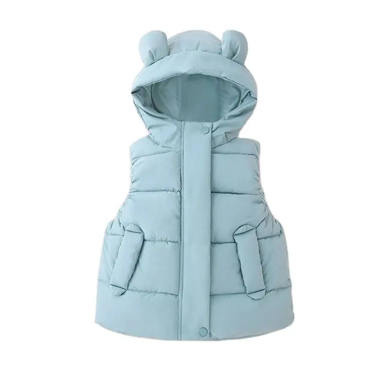Green hooded puffer vest with quilted panels and two front pockets