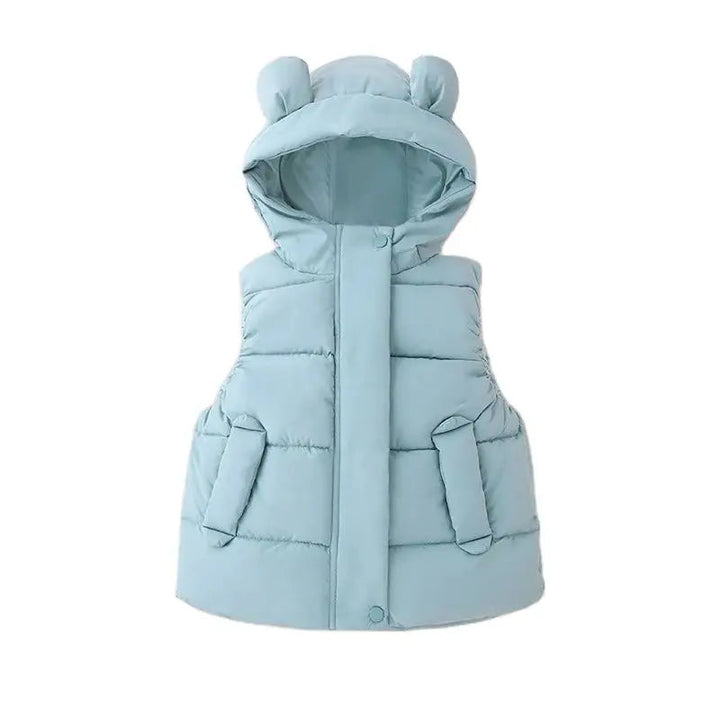 Green hooded puffer vest with quilted panels and two front pockets