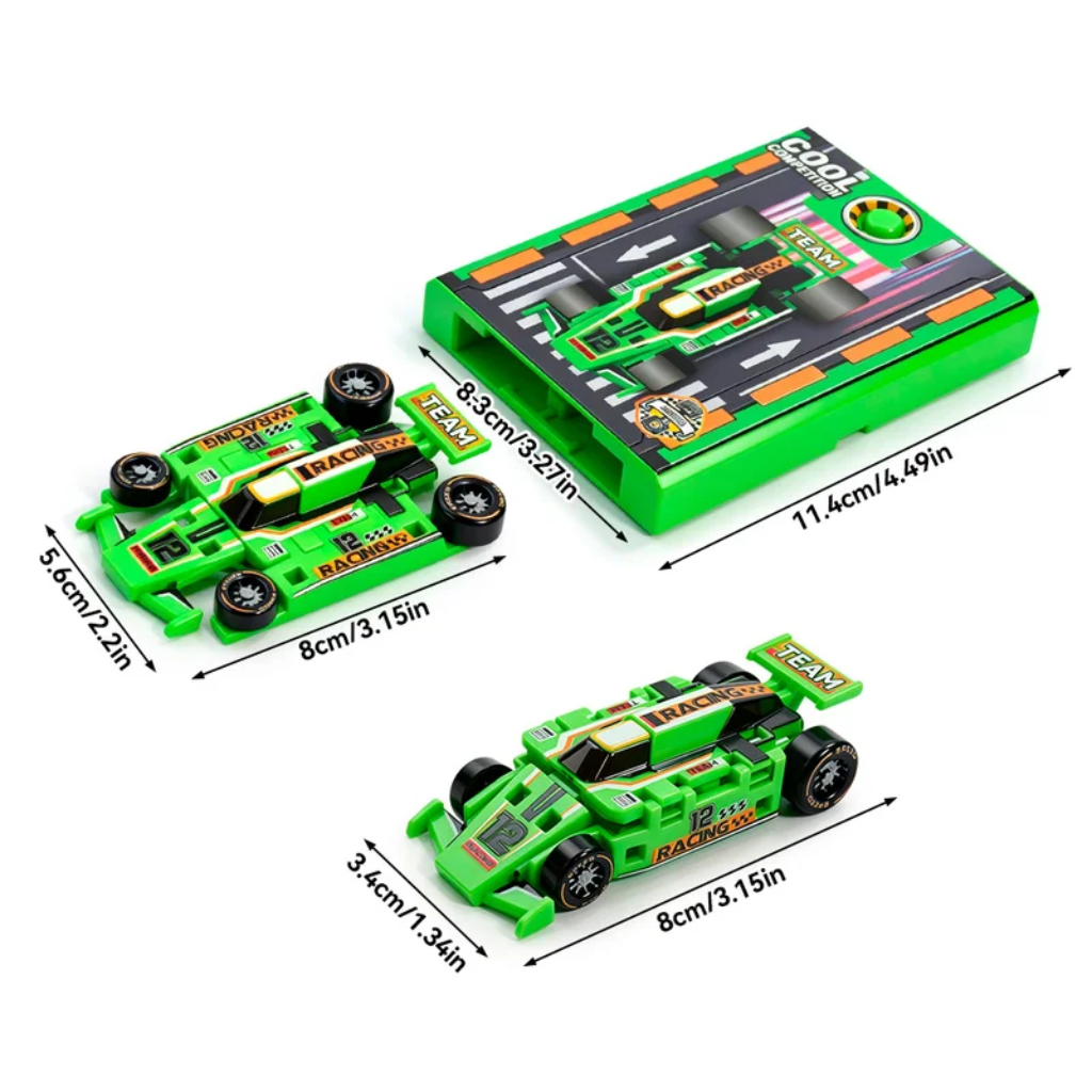 Measurement diagram showing the green race car in both forms and the rectangular launch base.