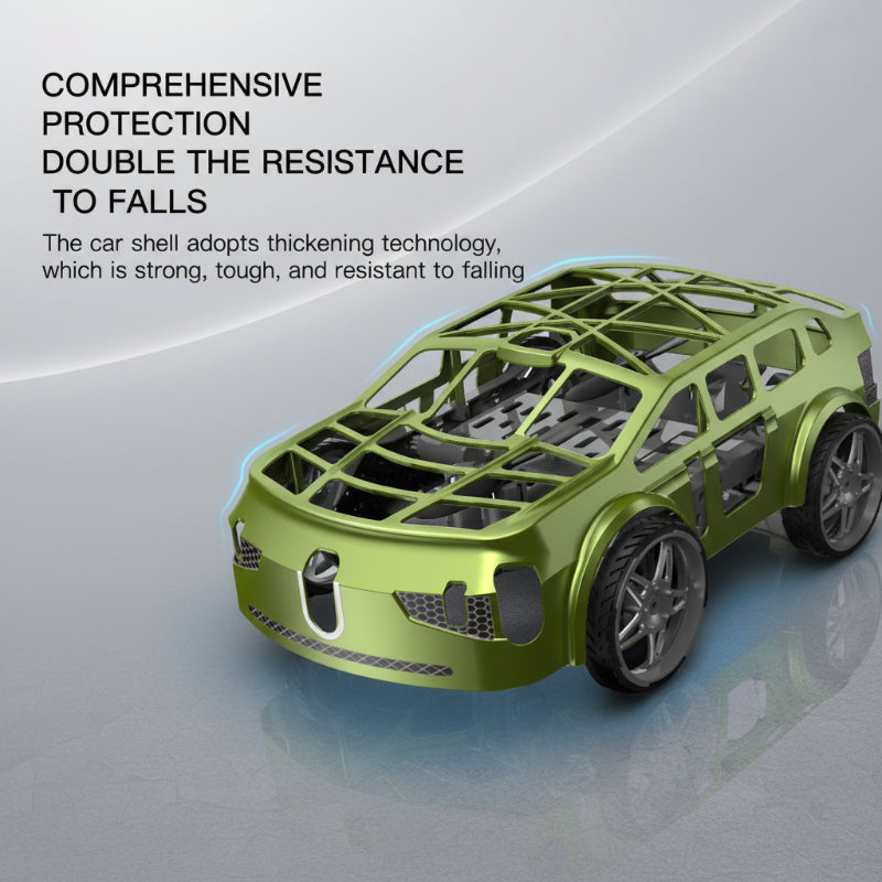 Green RC car with an open-frame shell in a body durability graphic