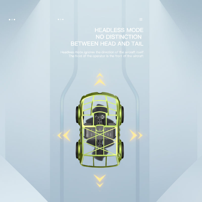 Top view of the green RC car with directional arrows illustrating headless mode
