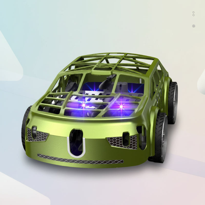 Green RC car with purple LED lights glowing inside its frame