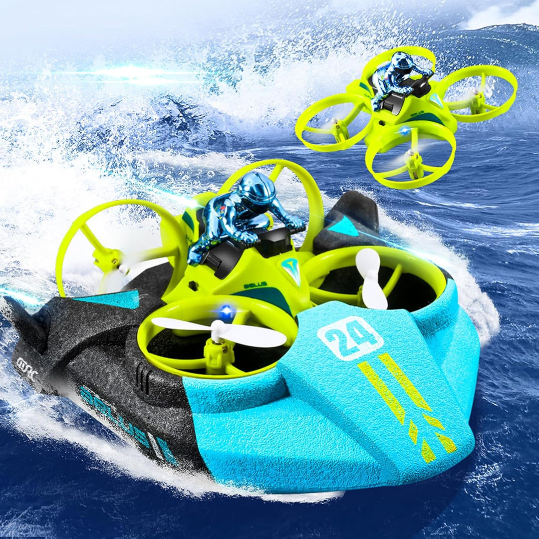 Green RC drone over a water backdrop with its quadcopter shown above the vehicle base.