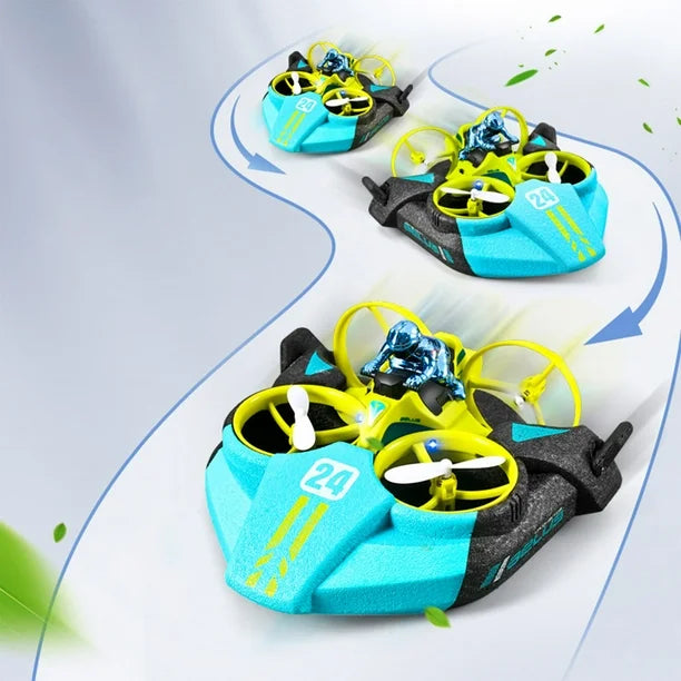 Green RC drone shown along a curving route with arrows indicating turns.