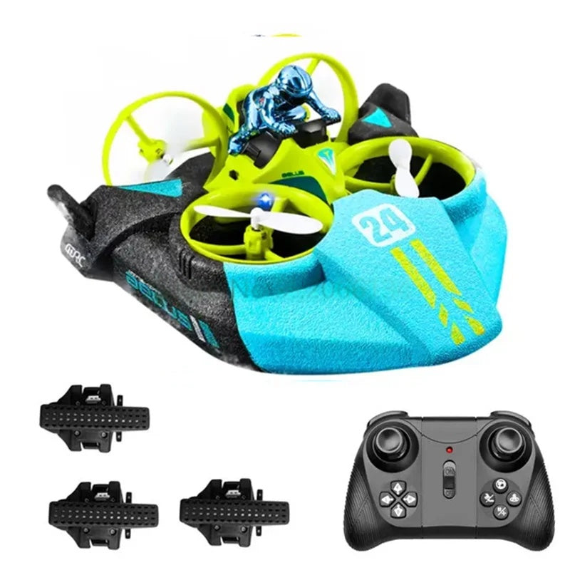 Green RC drone set with a black controller and three batteries.