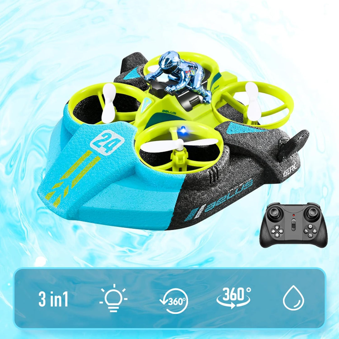 Green RC drone and controller with icons for three-in-one play and 360-degree movement.