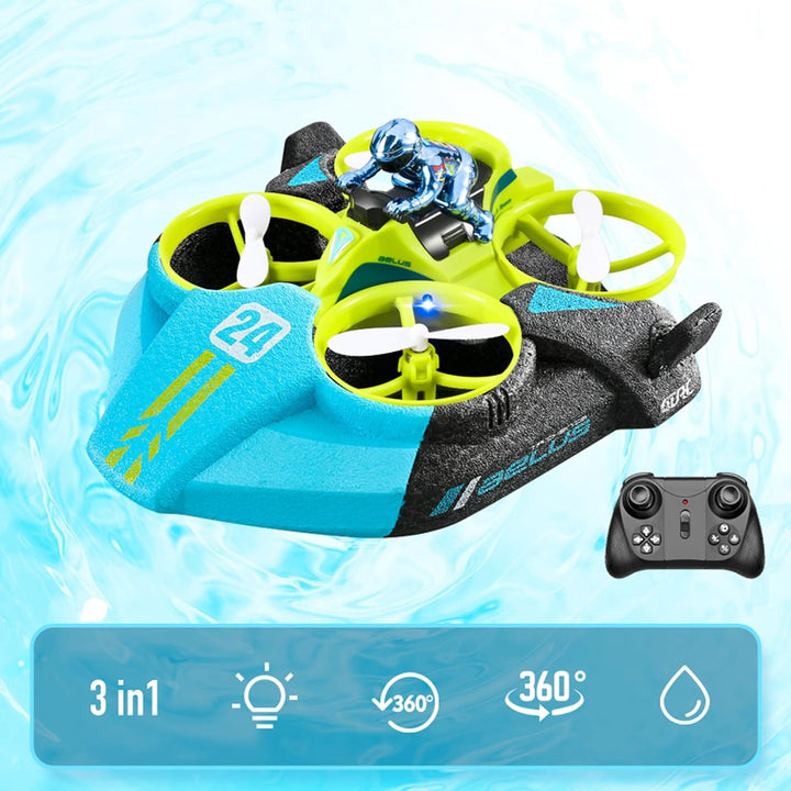 Green RC drone and controller with icons for three-in-one play and 360-degree movement.