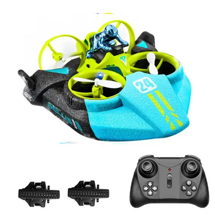 Green RC drone set with a black controller and two batteries.