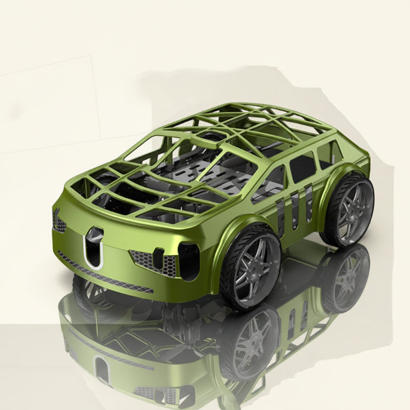Green RC flying car in a front three-quarter view