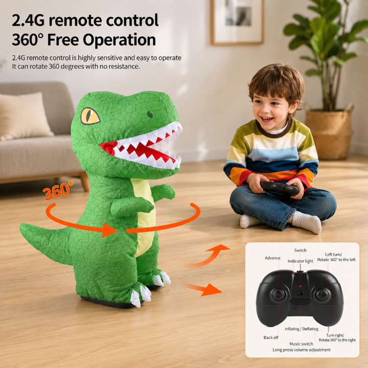 Child steering a green inflatable T. rex with a 2.4 GHz remote and a 360-degree turning diagram