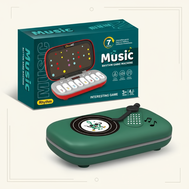 Green piano toy with a record-style lid, shown closed beside its retail box