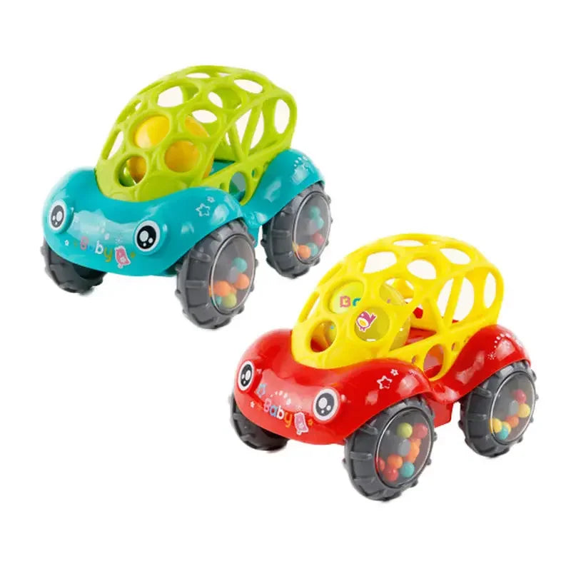 Green and red rattle toy cars with colorful beads visible inside the wheels