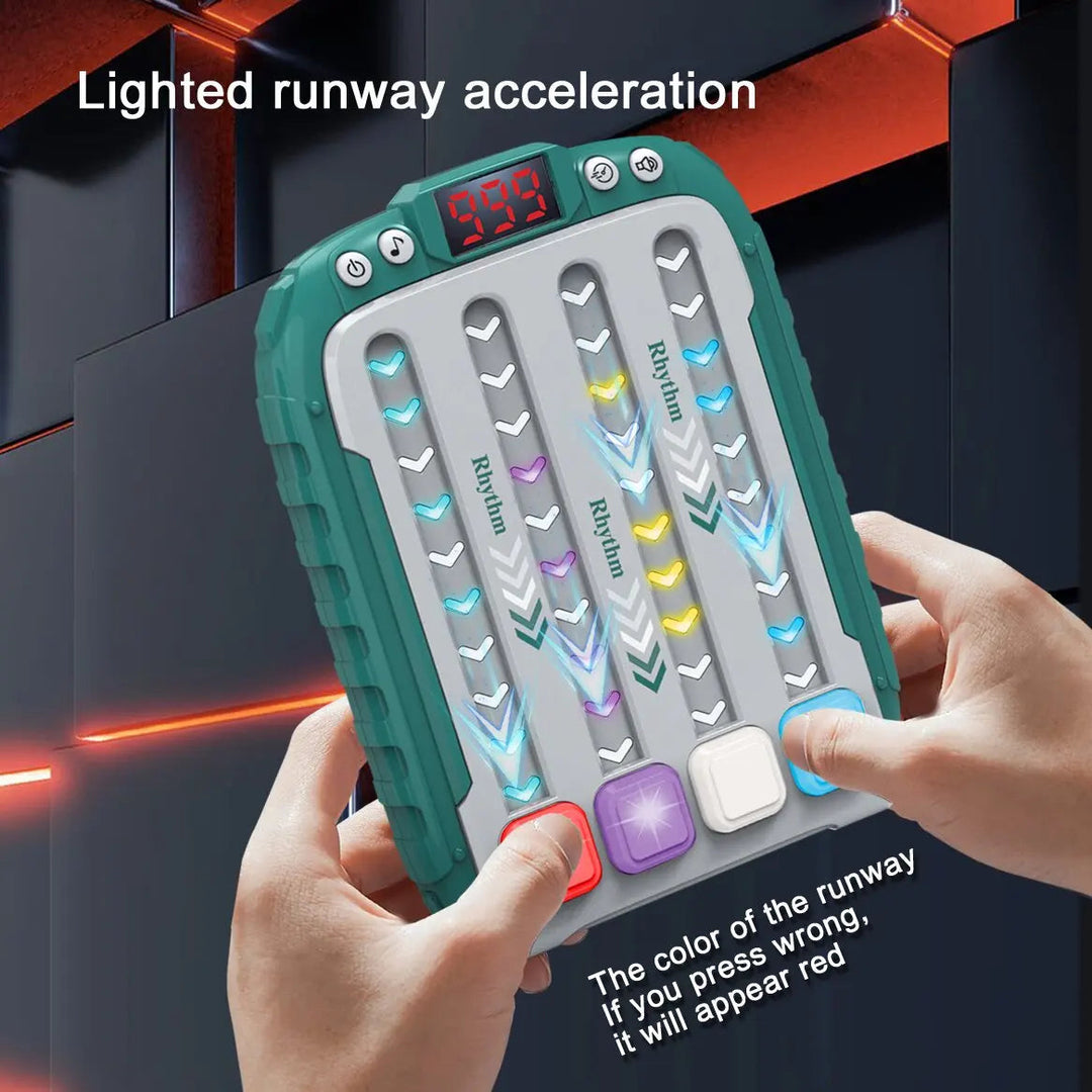Hands pressing buttons on a green speed game with colored light cues