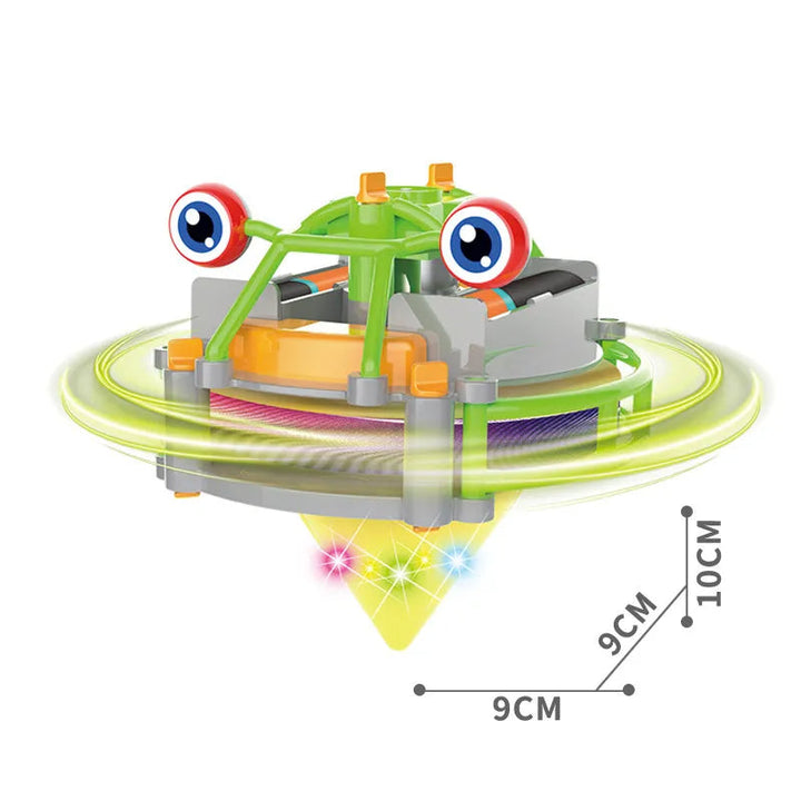 Green robot shown spinning, with a diagram marking 9 x 9 x 10 cm dimensions.