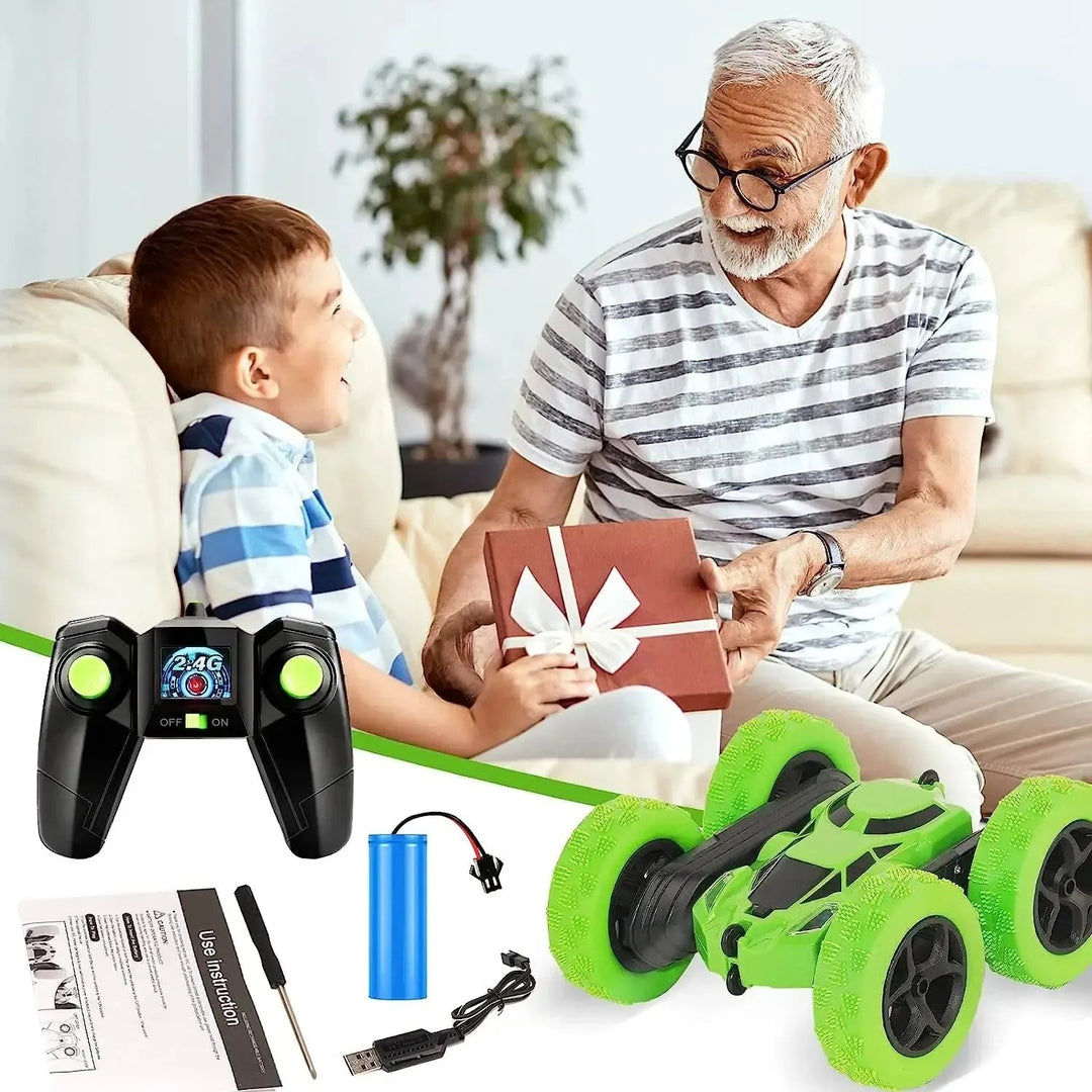 Child and older adult with a gift box, shown above a green RC stunt car and its accessories