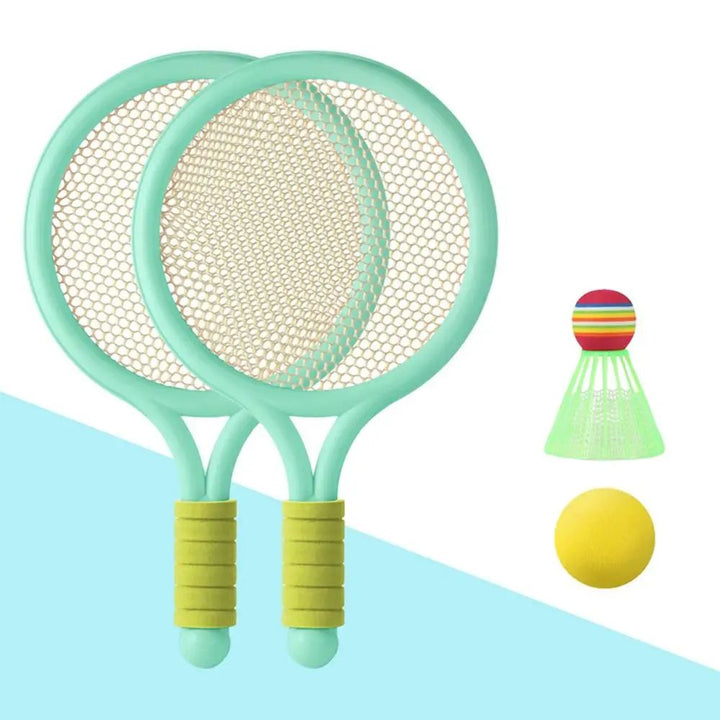 Two green rackets with yellow-green grips, a yellow ball and green shuttlecock