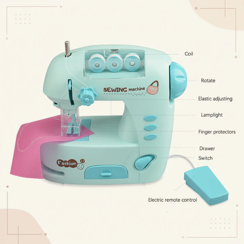 Green toy sewing machine with labeled parts and a wired controller