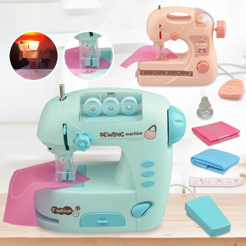 Green and pink toy sewing machines with close-ups of the needle-area light and clear cover