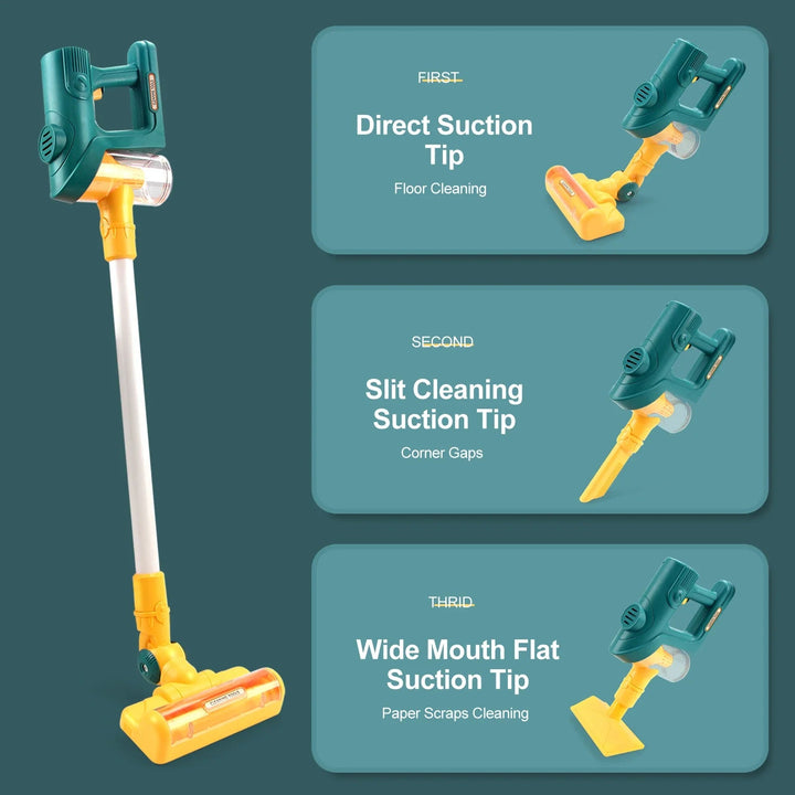 Green toy vacuum shown upright and with narrow and wide handheld attachments