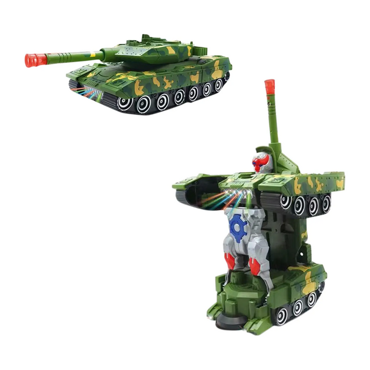 Green camouflage tracked tank toy shown in tank and robot forms