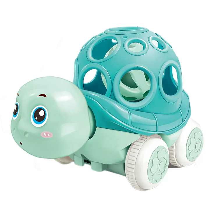 Green turtle toy car with a teal open shell and white wheels