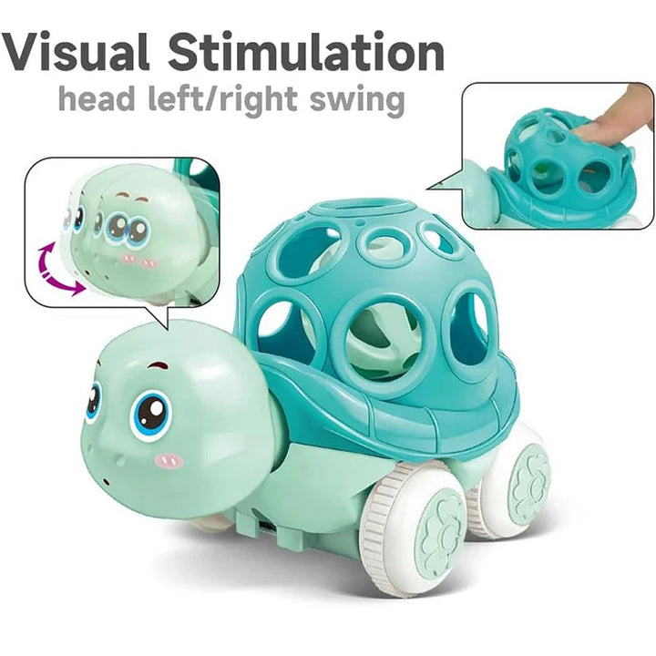 Green turtle toy car with inset views showing its swinging head and open shell grip