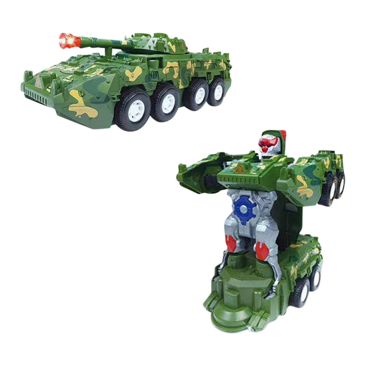 Green camouflage wheeled tank toy shown in vehicle and robot forms