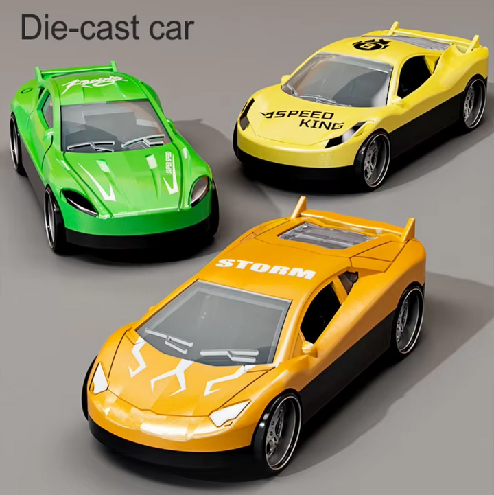 Green, yellow, and orange race cars shown in close-up