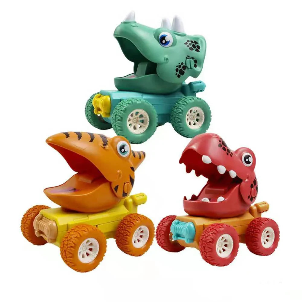 Green, yellow, and red dinosaur toy cars with open mouths and oversized wheels
