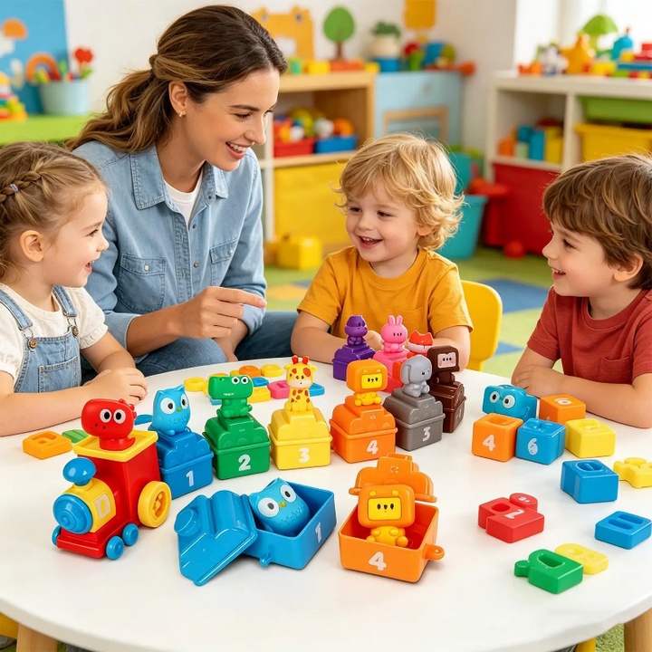 An adult and three children playing with animal figures and numbered train wagons