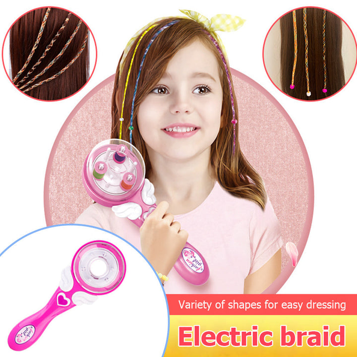 Pink electric hair braider with close-ups of twisted strands and beaded braid ends