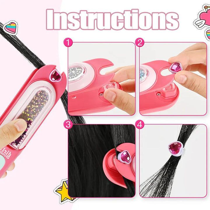 Four-step guide showing how to load a gem into the pink stamp and press it onto hair