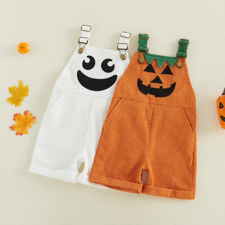 White ghost and orange pumpkin ribbed Halloween overalls shown side by side.