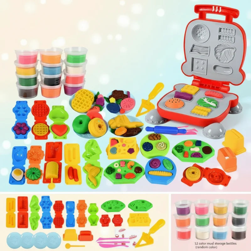 Hamburger clay press with colorful clay tubs, food molds, and shaping tools