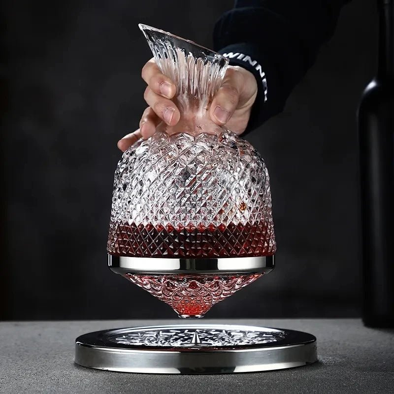 Hand-Blown Crystal Wine Decanter with 360° Stainless Steel Base – 45 oz Capacity for Enhanced Aeration 0