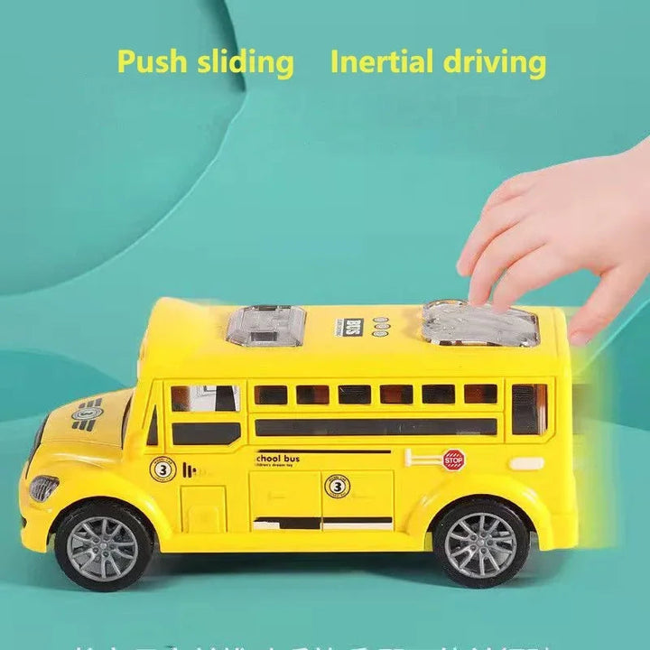 Hand pushing a yellow toy bus across a teal surface