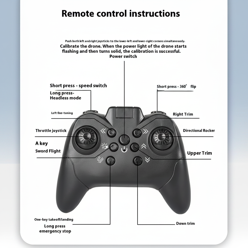 Handheld flying toy remote with labeled joysticks, trim buttons, and flight controls