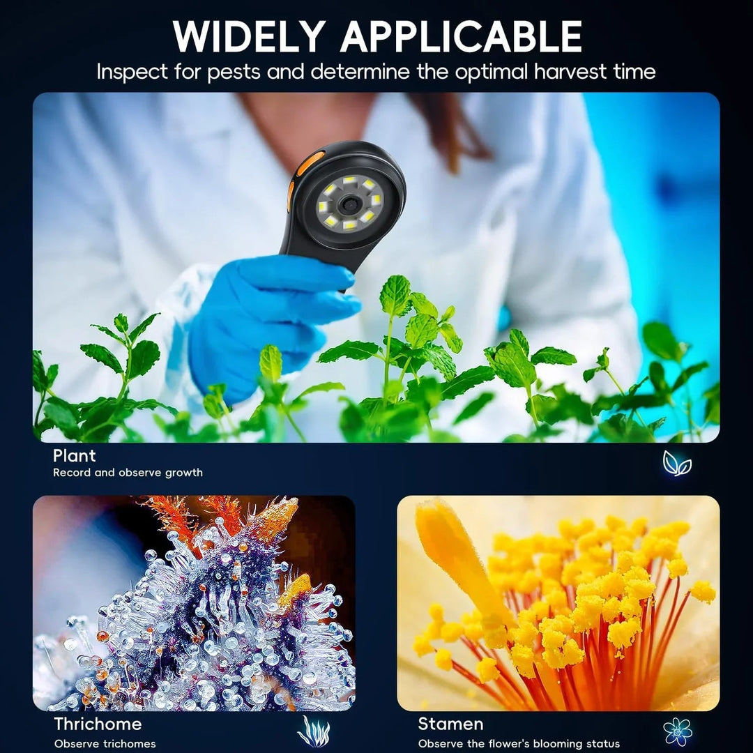 Handheld microscope used on plants, with close-up examples of plant surfaces and a flower.