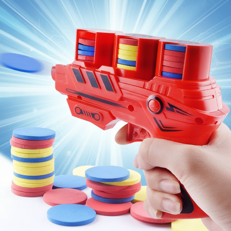 Hand holding a red foam disc blaster beside stacks of colorful discs