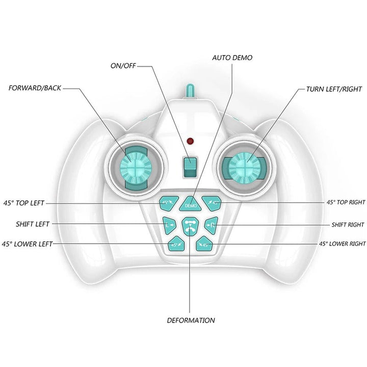 Handheld remote control diagram showing directional, shape-change, and auto-demo buttons
